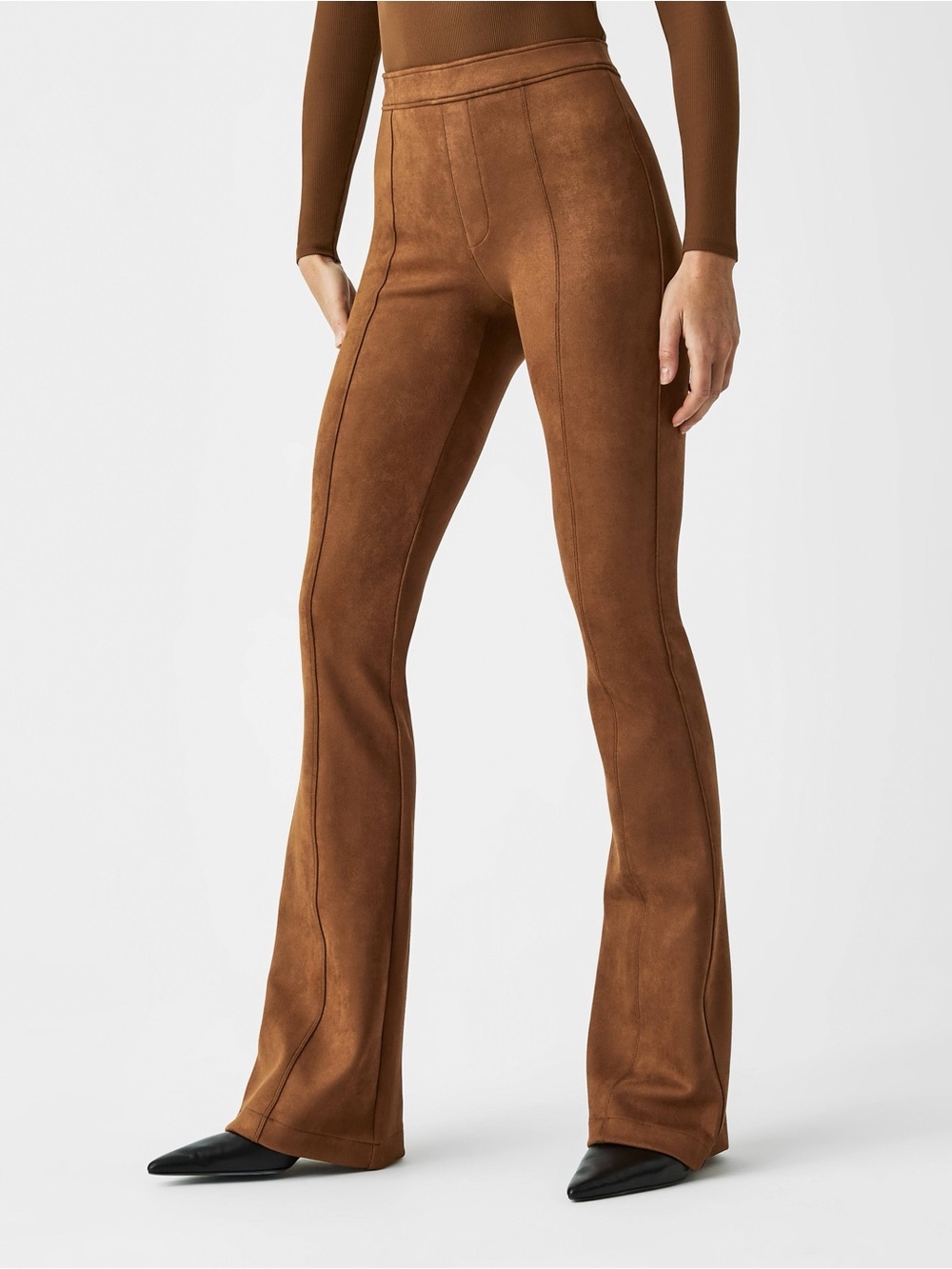SPANX‎ Faux Suede Seamed Pull-On Shaping Flare Pant in Rich Caramel.